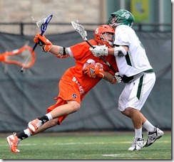 Syracuse's Dan Hardy drives against Loyola's Nick Federici during the a college lacrosse game Saturday, March 28, 2009 in Baltimore.(AP Photo/Gail Burton)